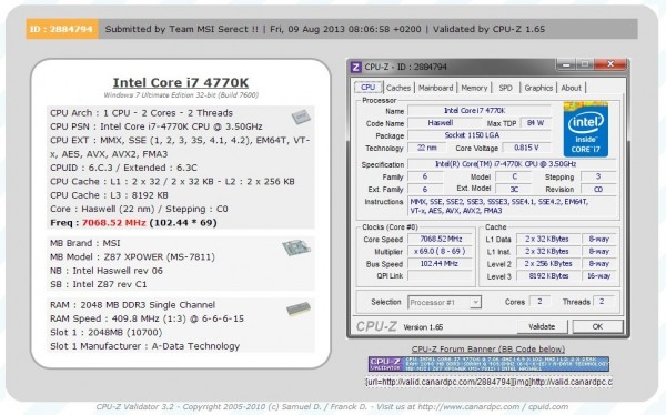 Retail Core i7-4770K Overclocked to 7068.52 MHz