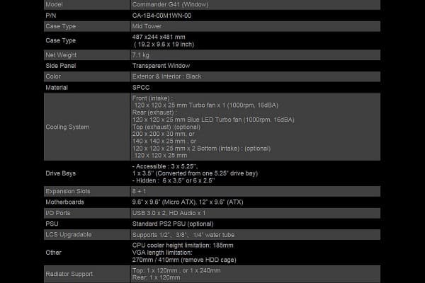 Specifications - Thermaltake - U.S.A. - Commander G41 (Window) - CA-1B4-00M1WN-00