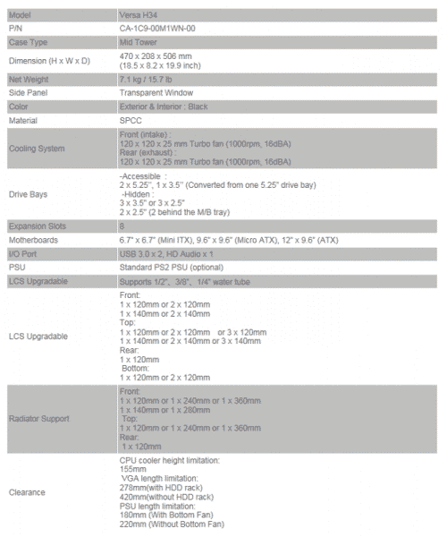 Versa H34 Specs