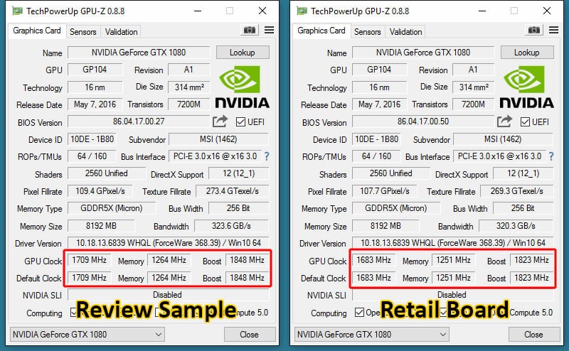 MSI GTX 1080 review vs retail