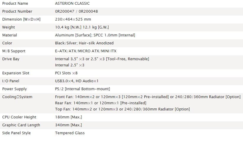 asterion classic specs