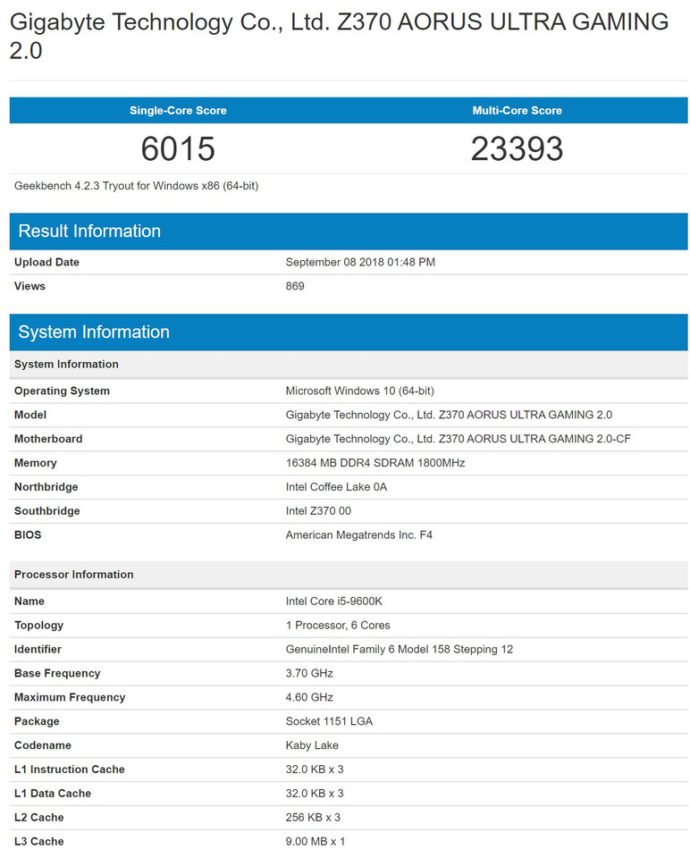 i5 9600k geekbench