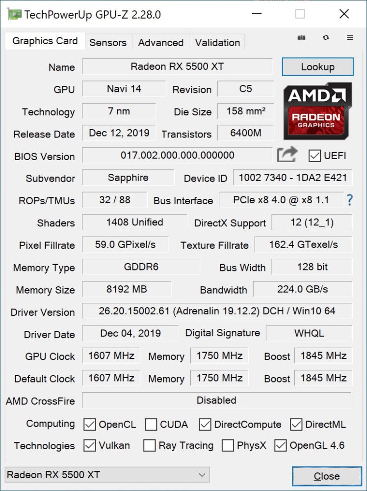 sapphire pulse rx5500 xt gpuz