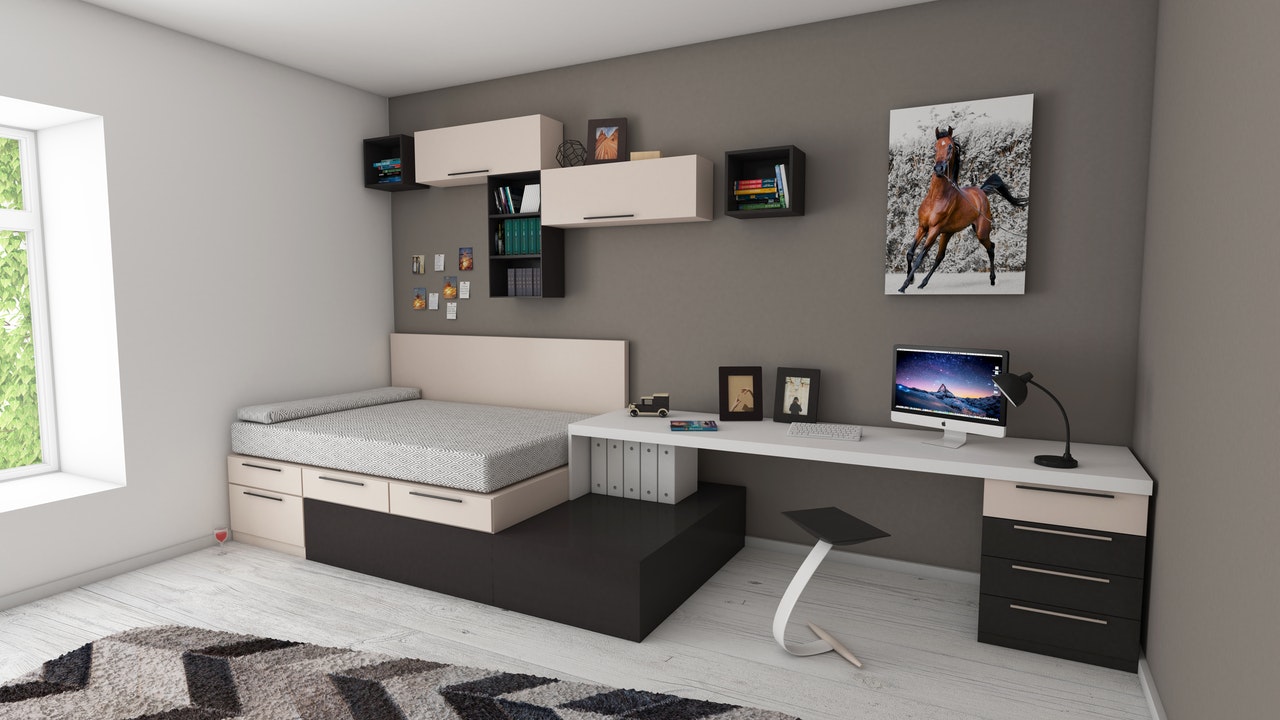 apartment bed bedroom book shelves 439227