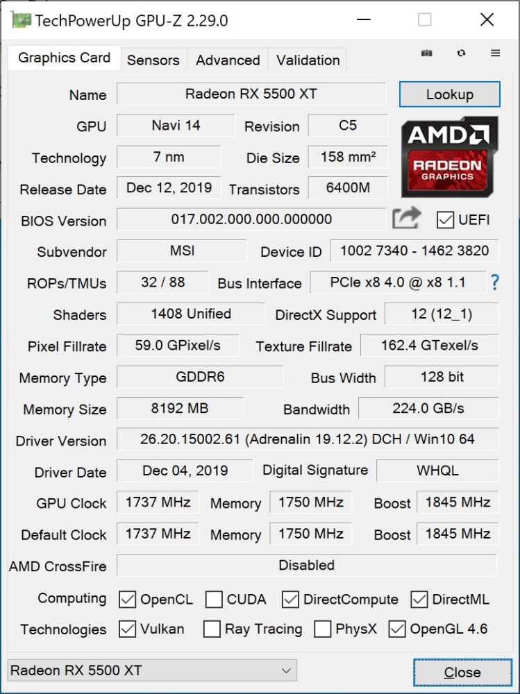 msi rx5500xt info