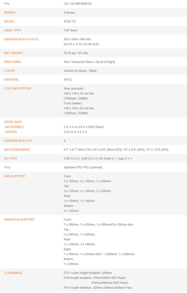 a700 tg specs