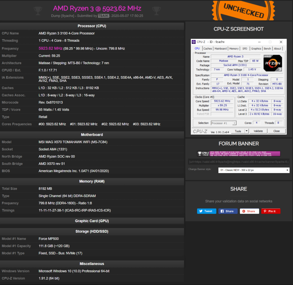 AMD Ryzen 3 3100 5.9 GHz Overclock