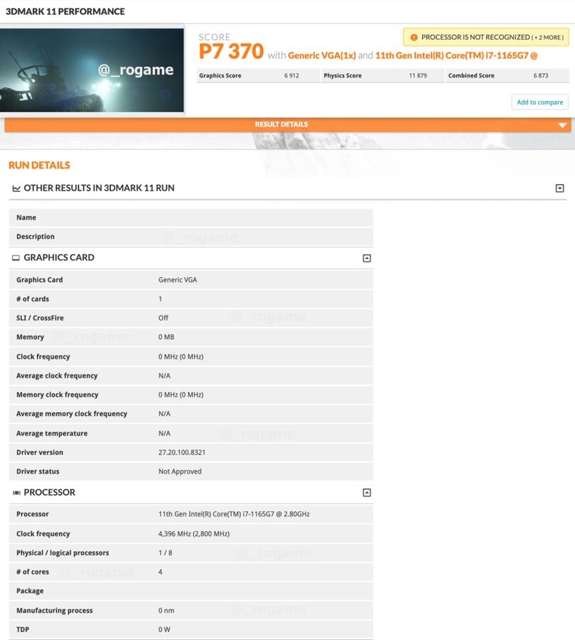 3DMark 11 Performance Tiger Lake U Core i7 1165g7