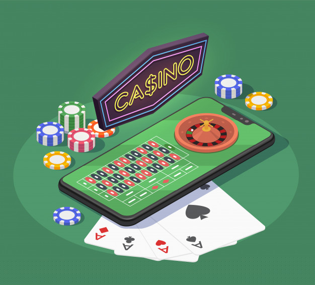 online casino isometric composition with smartphone cards chips gambling games green background 3d 1284 32232