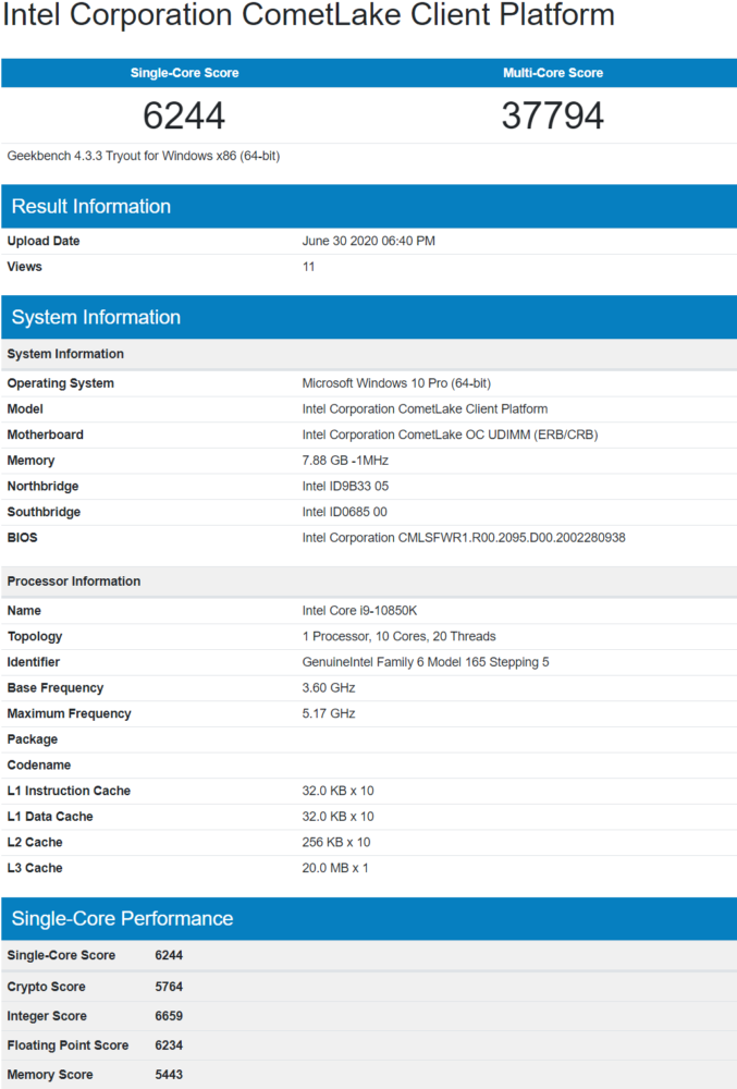 Intel Core i9-10850K geekbench