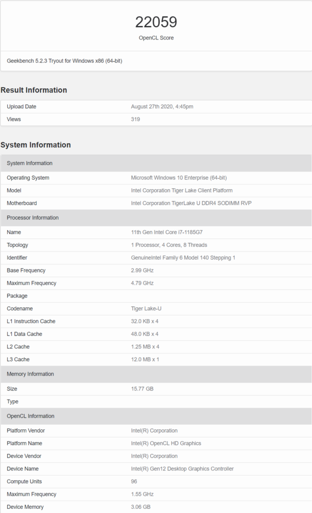Intel Core i7 1185G7 Tiger Lake