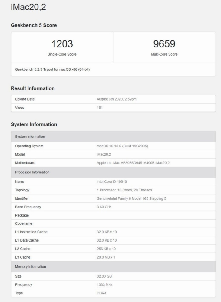 Intel Core i9-10910 GeekBench