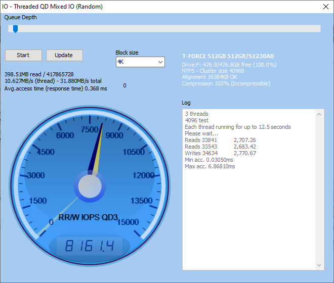 Vulcan G SSD random mixed IO Que Depth