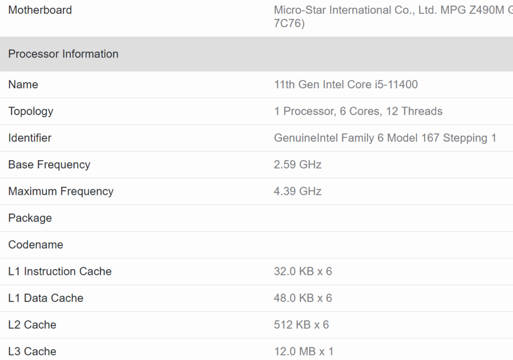 Intel Core i5 11400 Geekbench Specs