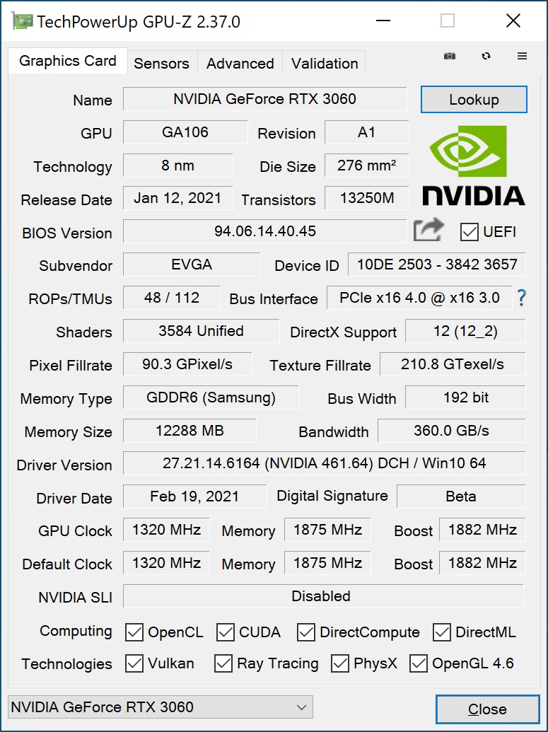evga rtx3060 info