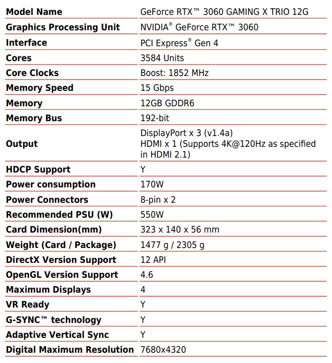 msi rtx3060 specs