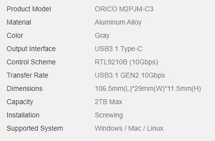 orico m2 specs