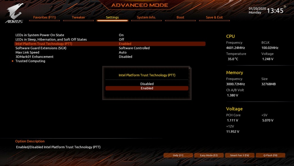 Gigabyte Intel PTT