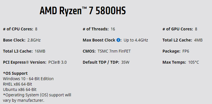 AMD Ryzen 7 5800HS Specs