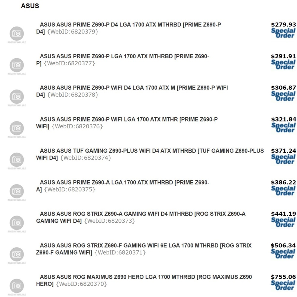 ASUS Z690 Pricing 2