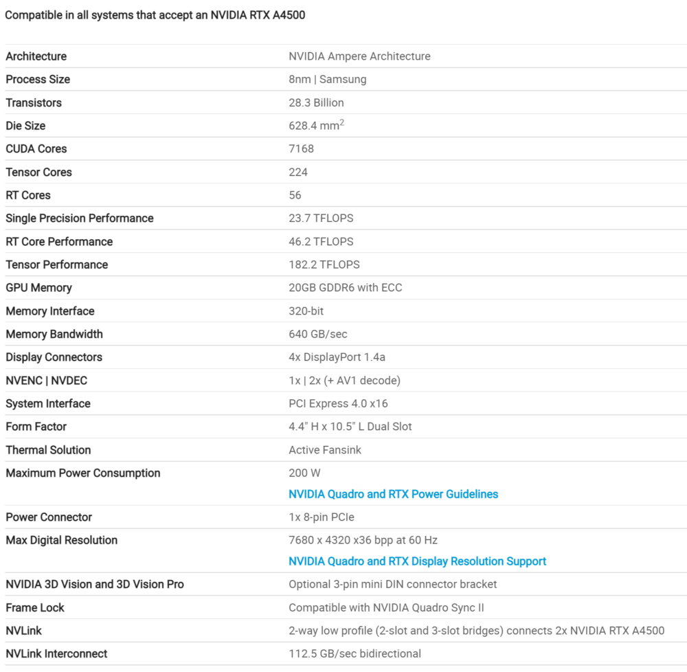 NVIDIA RTX A4500 Specifications