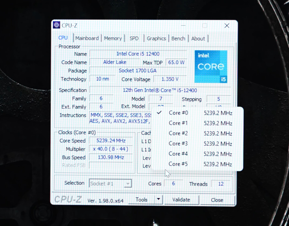 Intel Core 12400 CPUZ