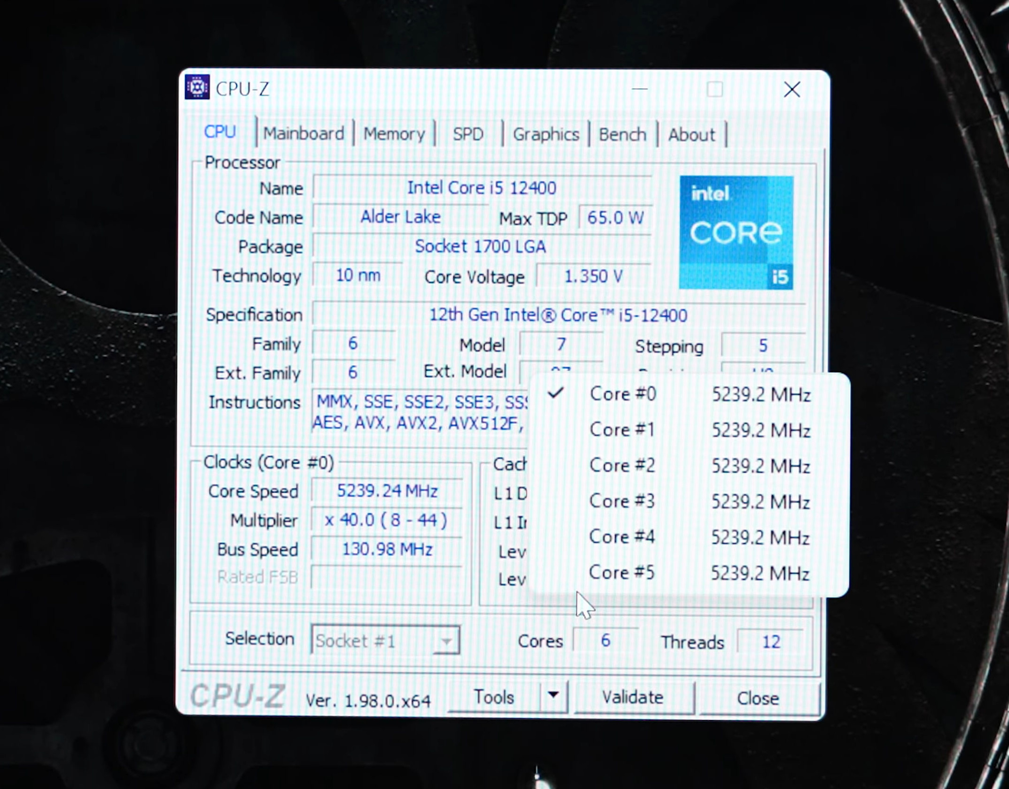 Intel Core 12400 CPUZ scaled