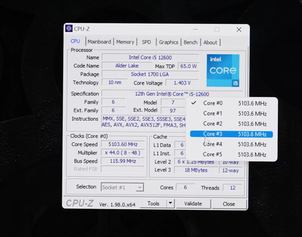 Intel Core 12600 CPUZ