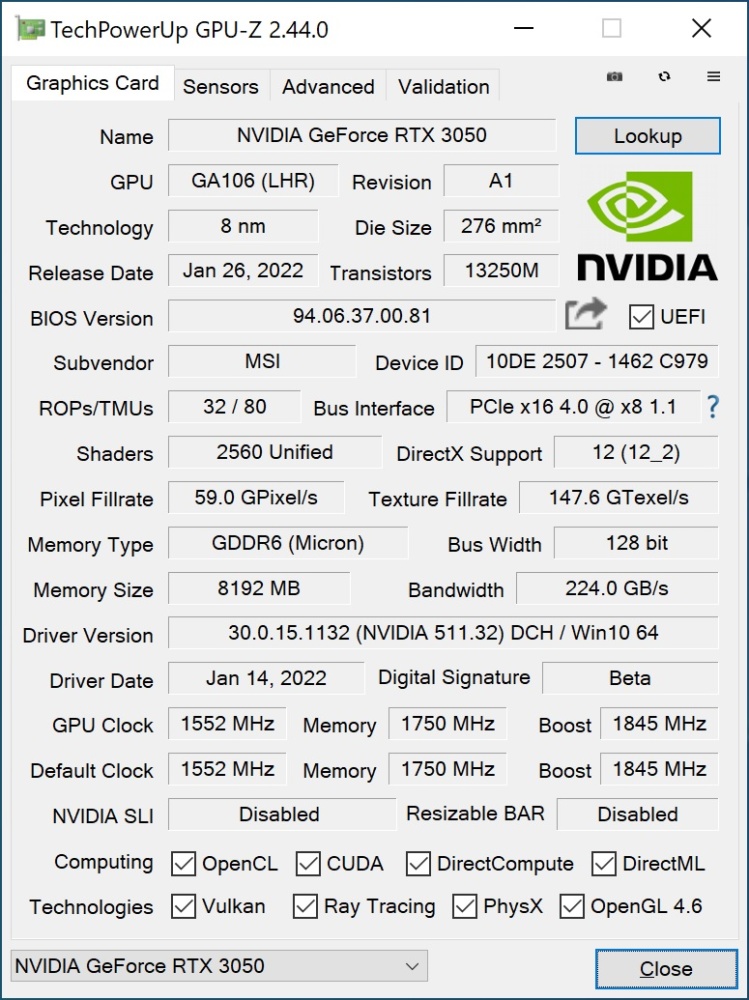 msi rtx 3050 info