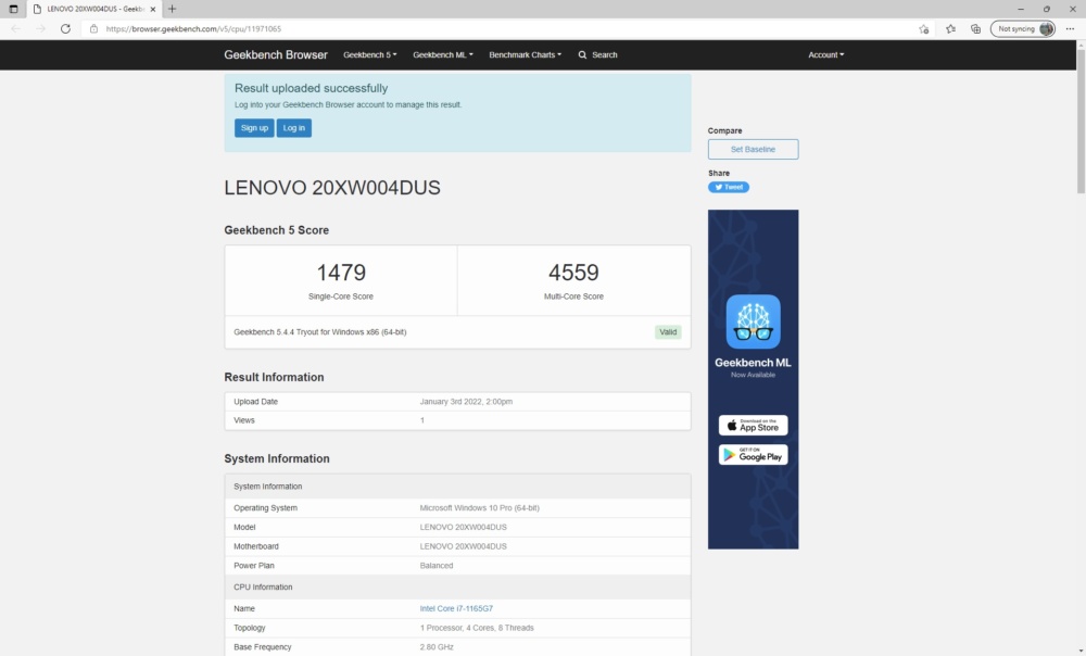 thinkpad x1 carbon gen9 geekbench