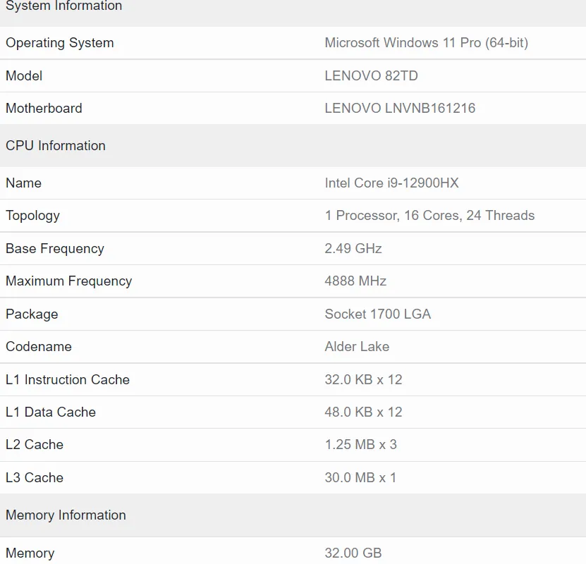 Intel Core i9 12900HX SPECS