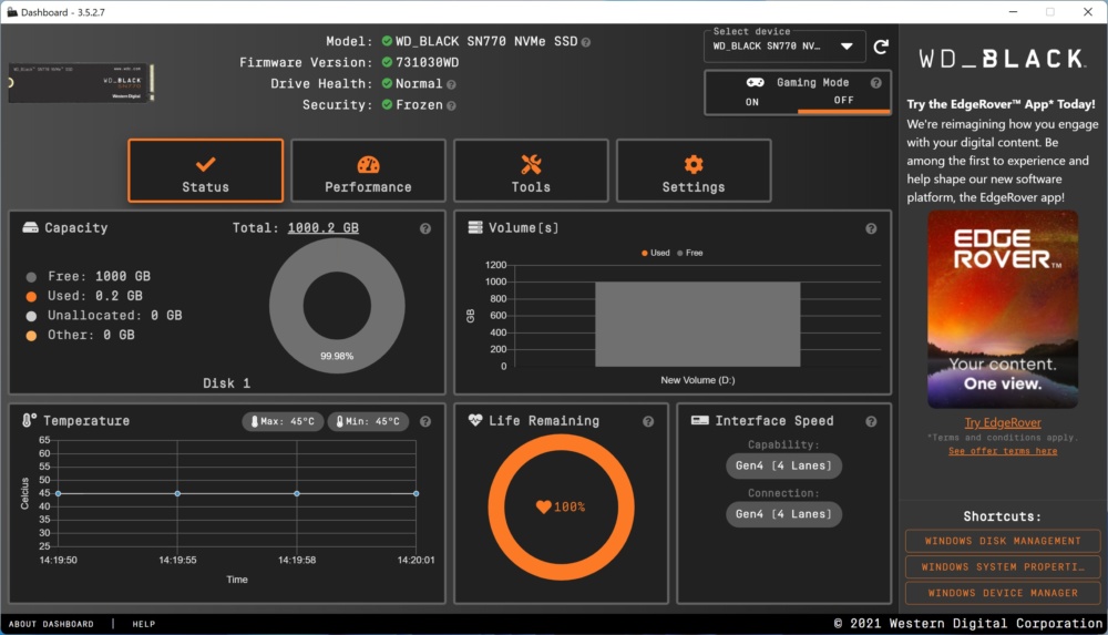 wd black sn770 dashboard