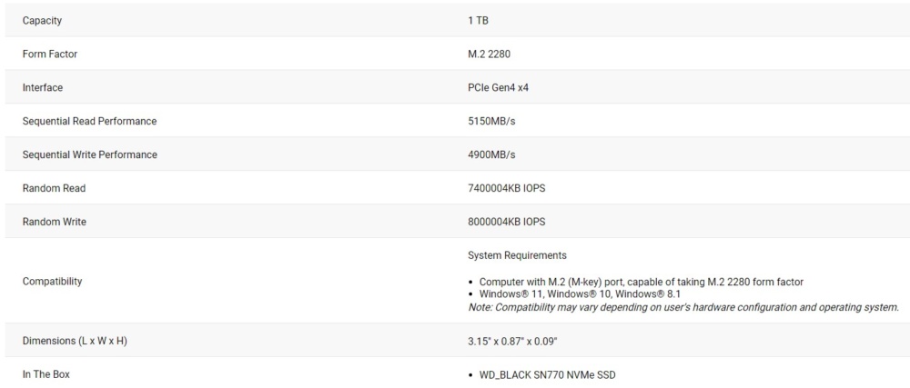 wd black sn770 specs