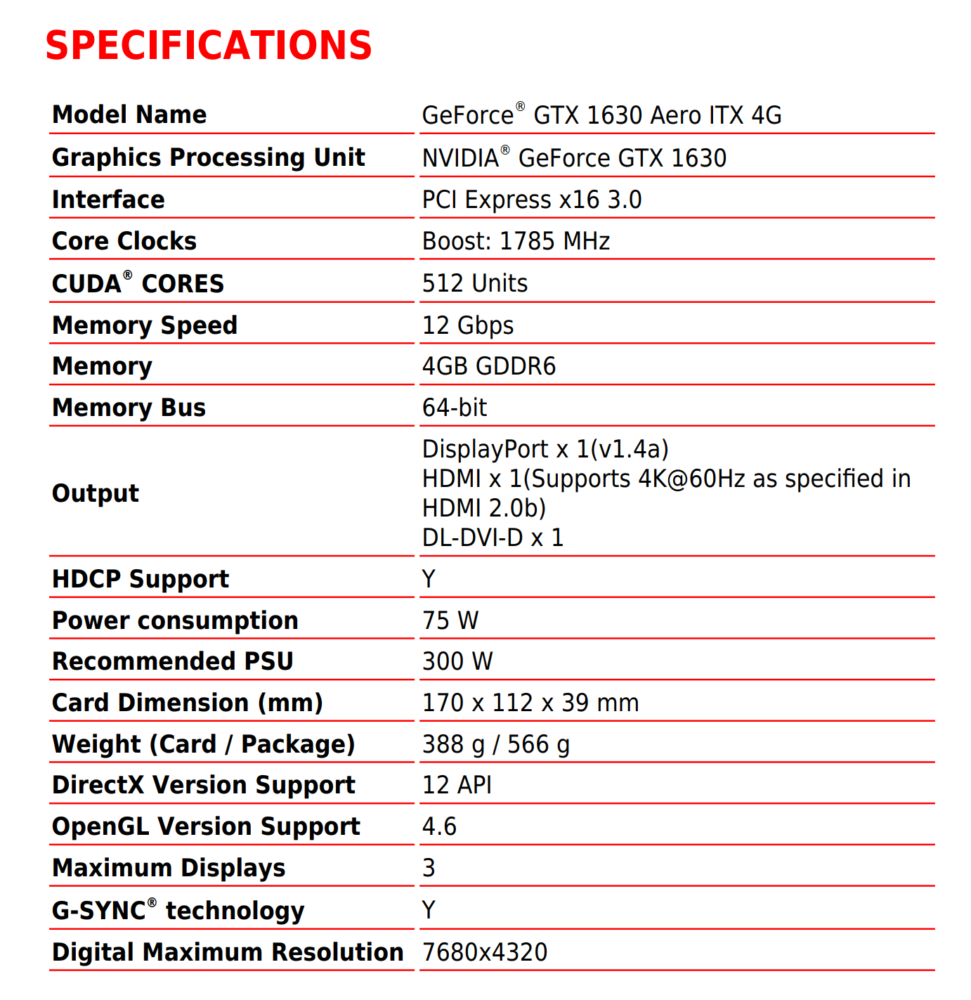 MSI GTX 1630 SPECS