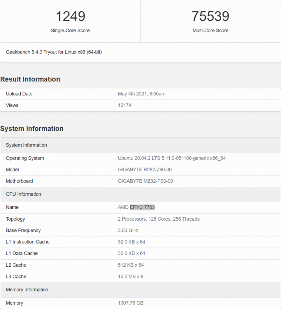 AMD EPYC 7763 Milan CPU Geekbench 5 Score 128 Cores 256 Threads