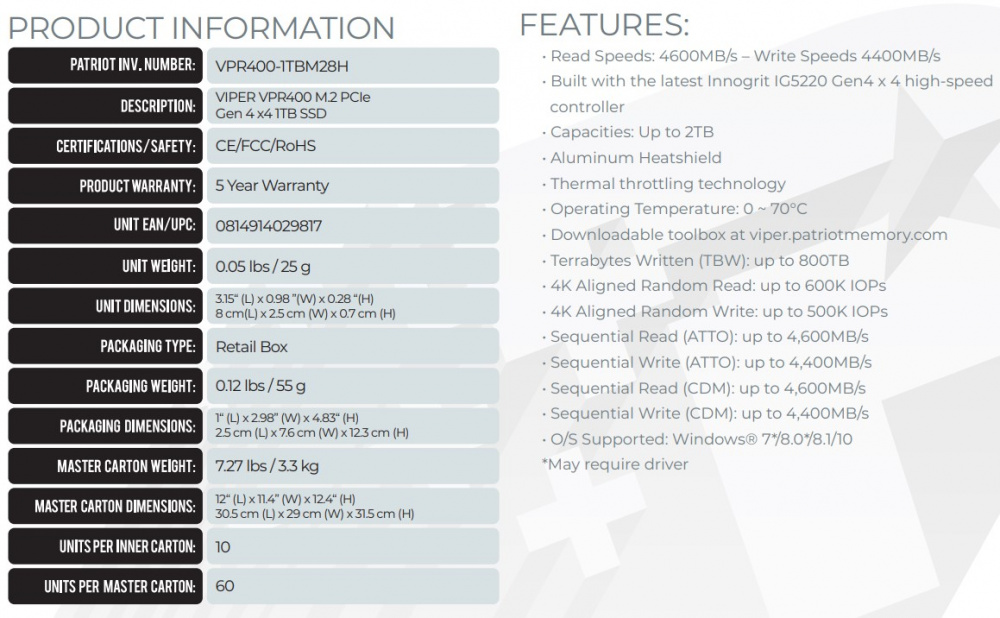 vpr400 specs