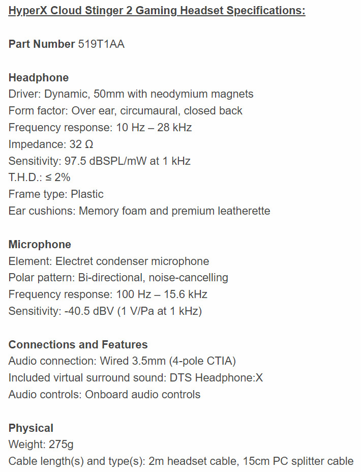 hyperx stinger2 specs