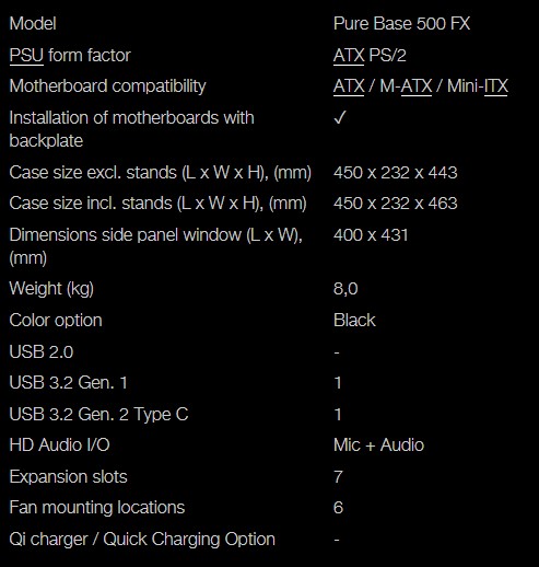 be quiet! Pure Base 500 FX Case Specifications