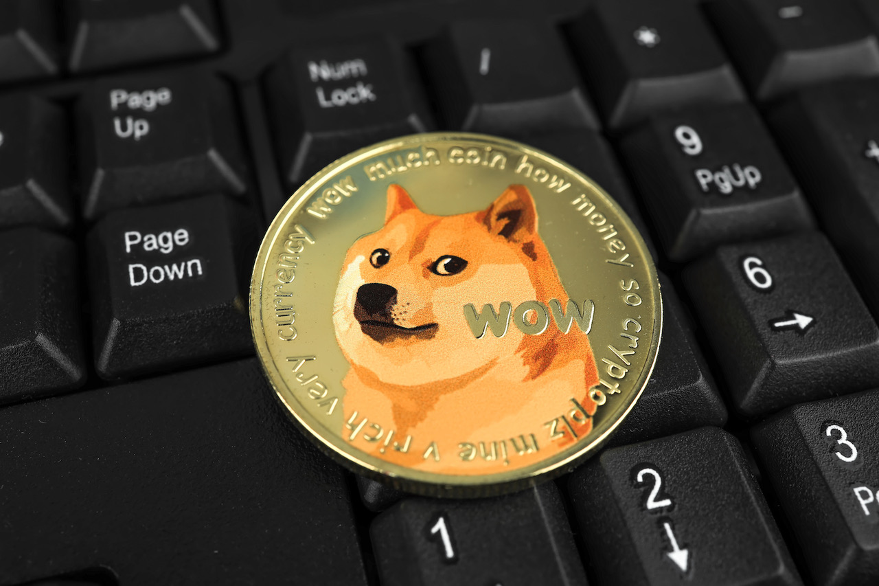 dogecoin coin black keyboard cryptocurrency stock market