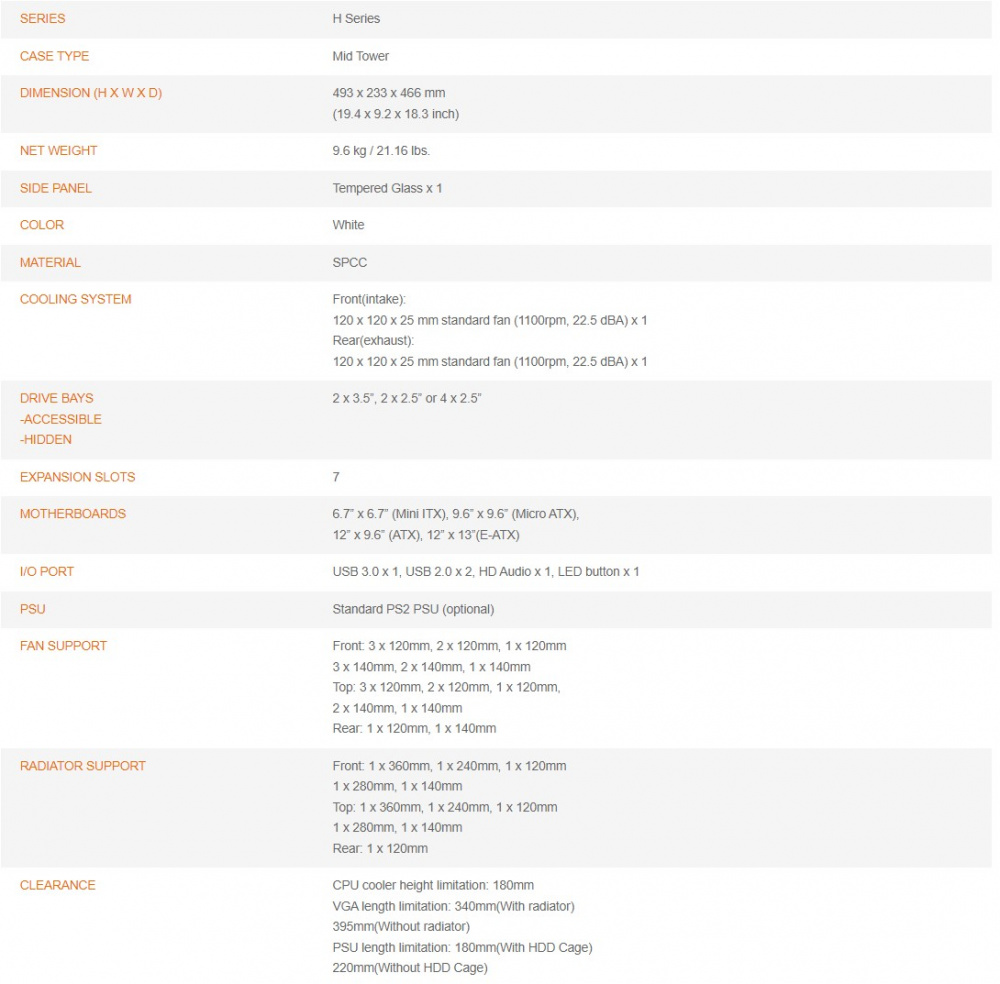 Thermaltake H700 TG Snow Case Specifications
