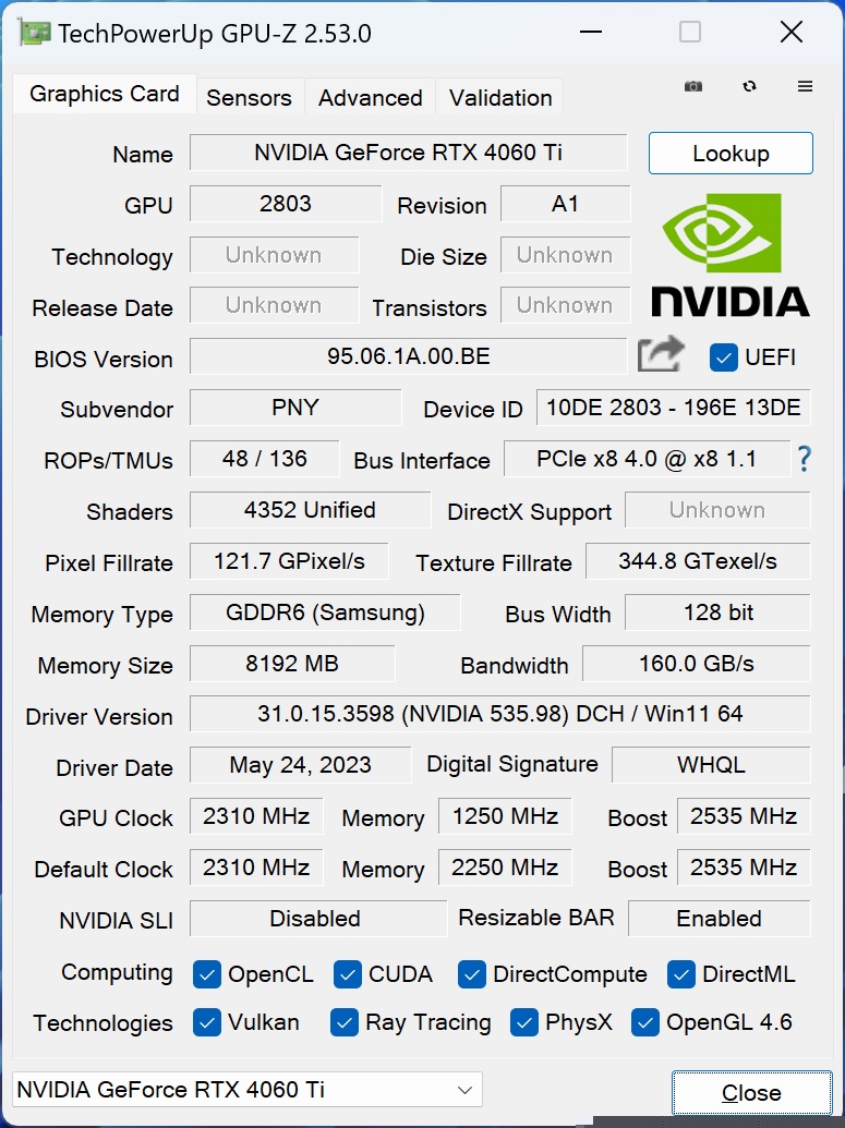 PNY RTX 4060Ti INFO