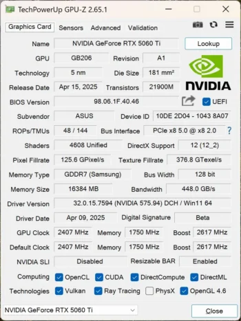 ASUS RTX 5060TI INFO