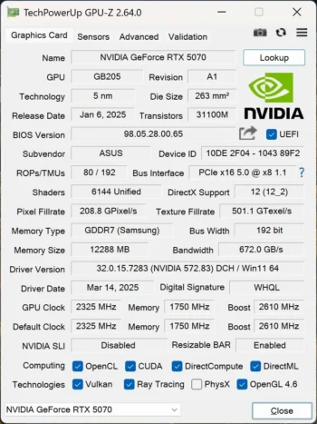 ASUS RTX 5070 INFO