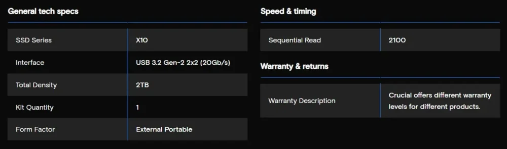 crucial x10 specs
