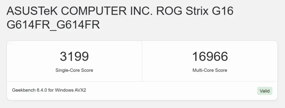 rog strix g16 geekbench