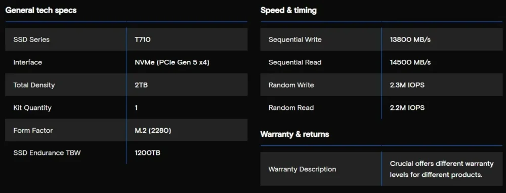 crucial t710 specs