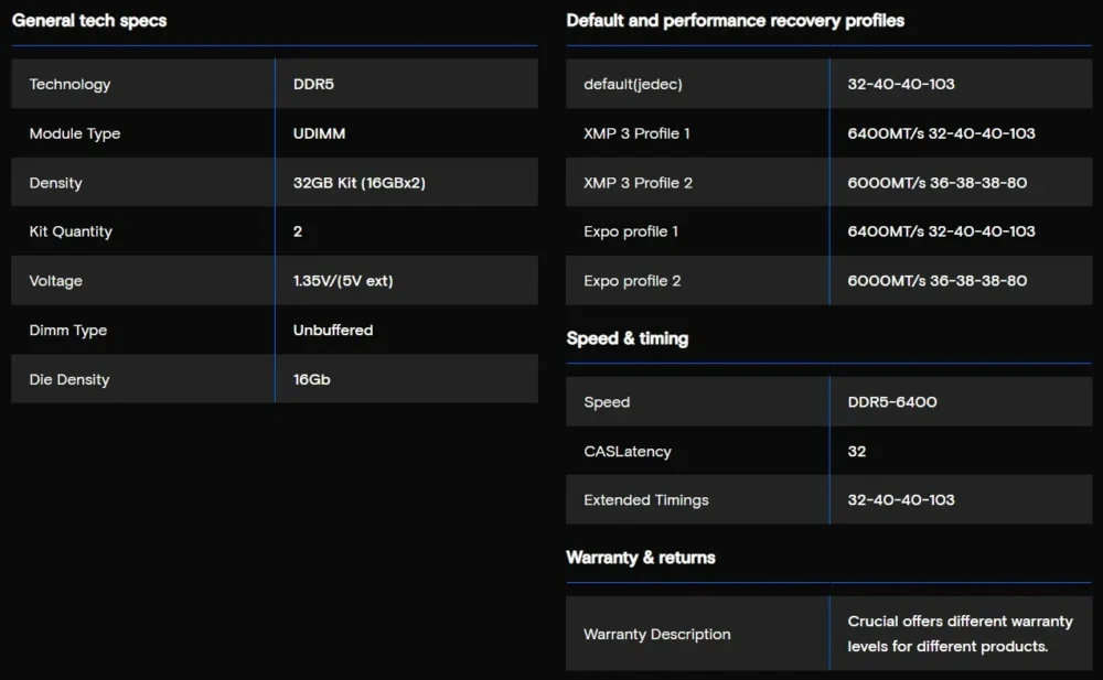 Crucial Pro Overclocking Edition DDR5-6400 CL32 32GB Memory Kit