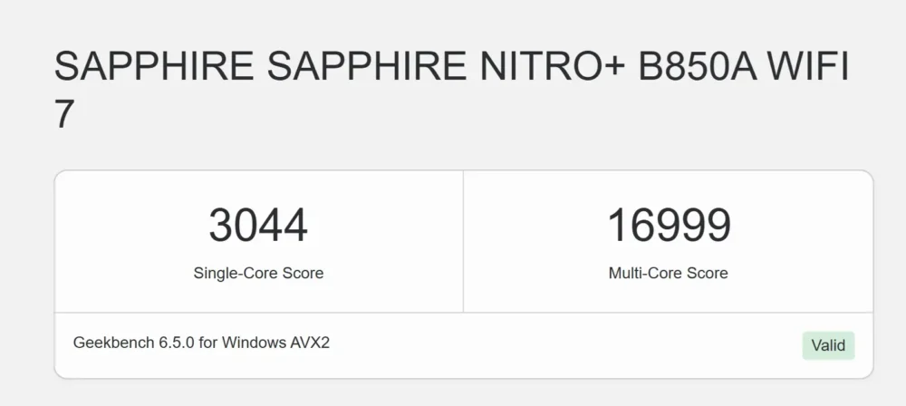 sapphire nitro b850a wifi7 geekbench