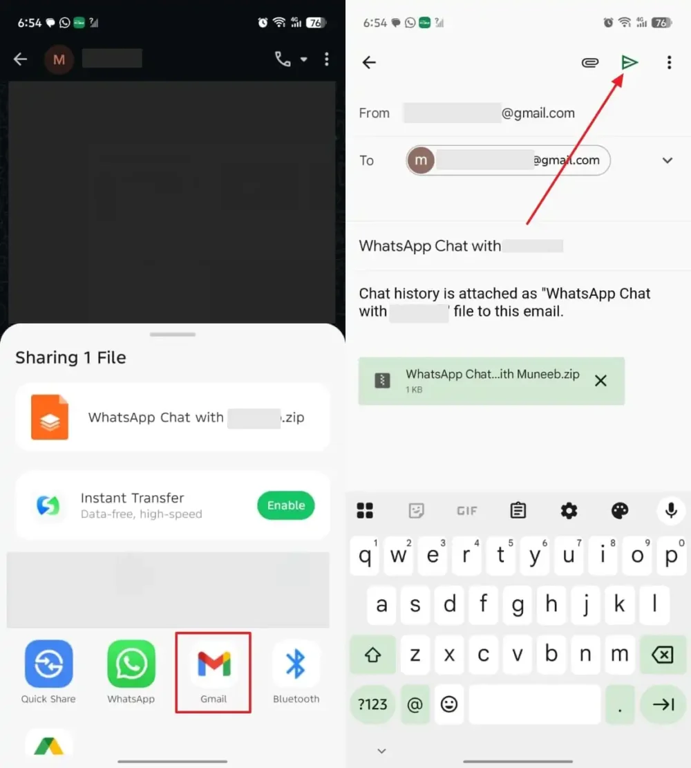 send whatsapp chat to email
