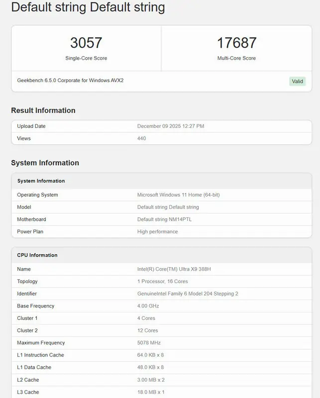 panther lake 388h geekbench